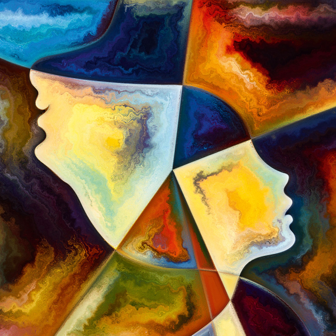 Das Bild zeigt in bunten, kräftigen Farben gegensätzlich angeordnete Silhouetten zweier Köpfe.